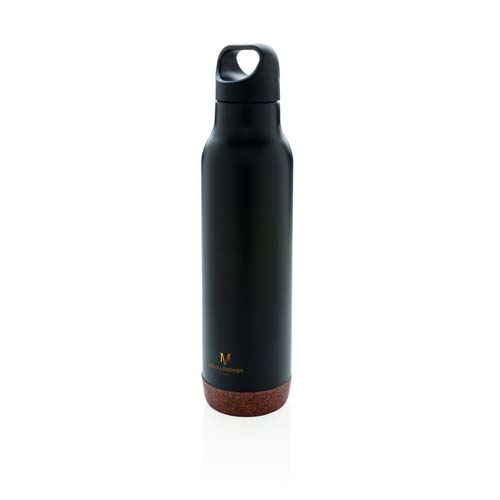 Botella isotérmica negra con base de corcho y tapa con asa