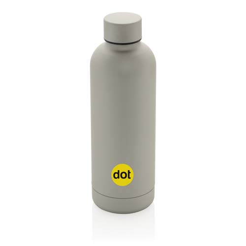 Botella isotérmica gris con logo circular amarillo dot sobre fondo blanco.